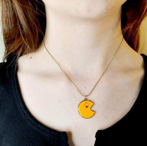 Vintage Jewelry - Vintage 1980 Pacman Necklace yellow and gold tone